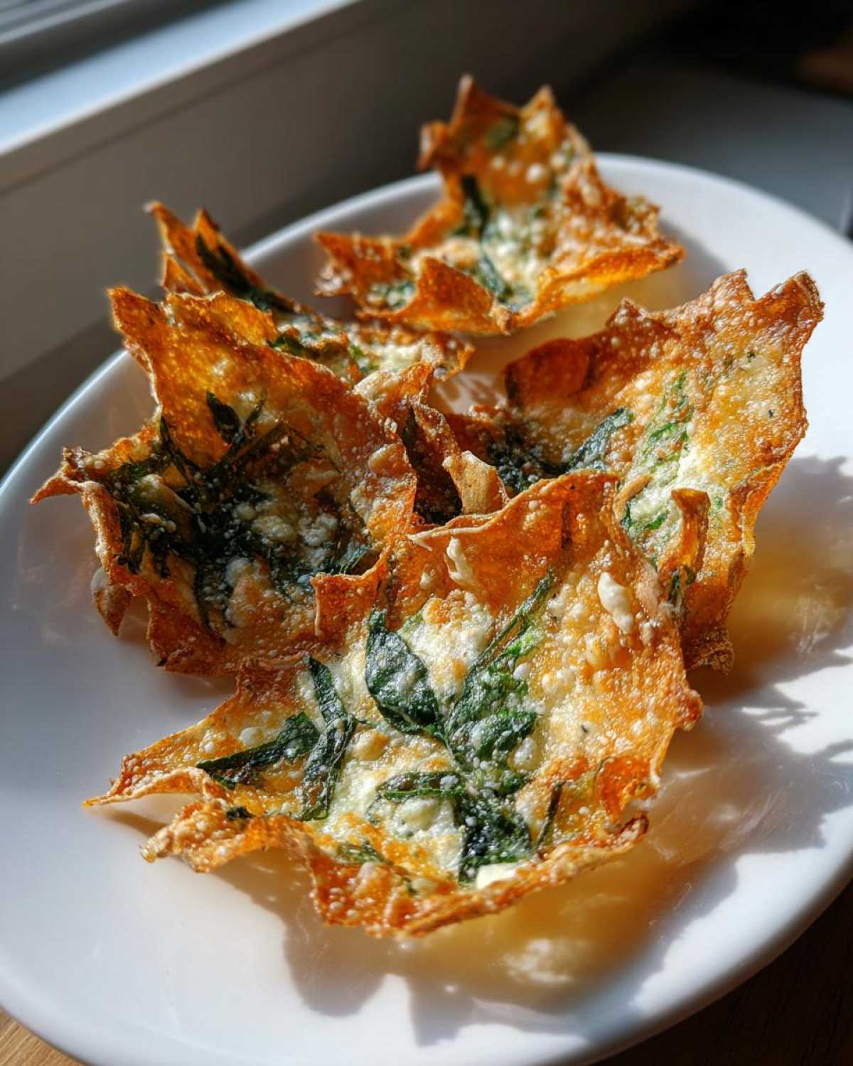 Golden brown, crispy Mediterranean Spinach and Feta Cheese Crisps served on a white plate.