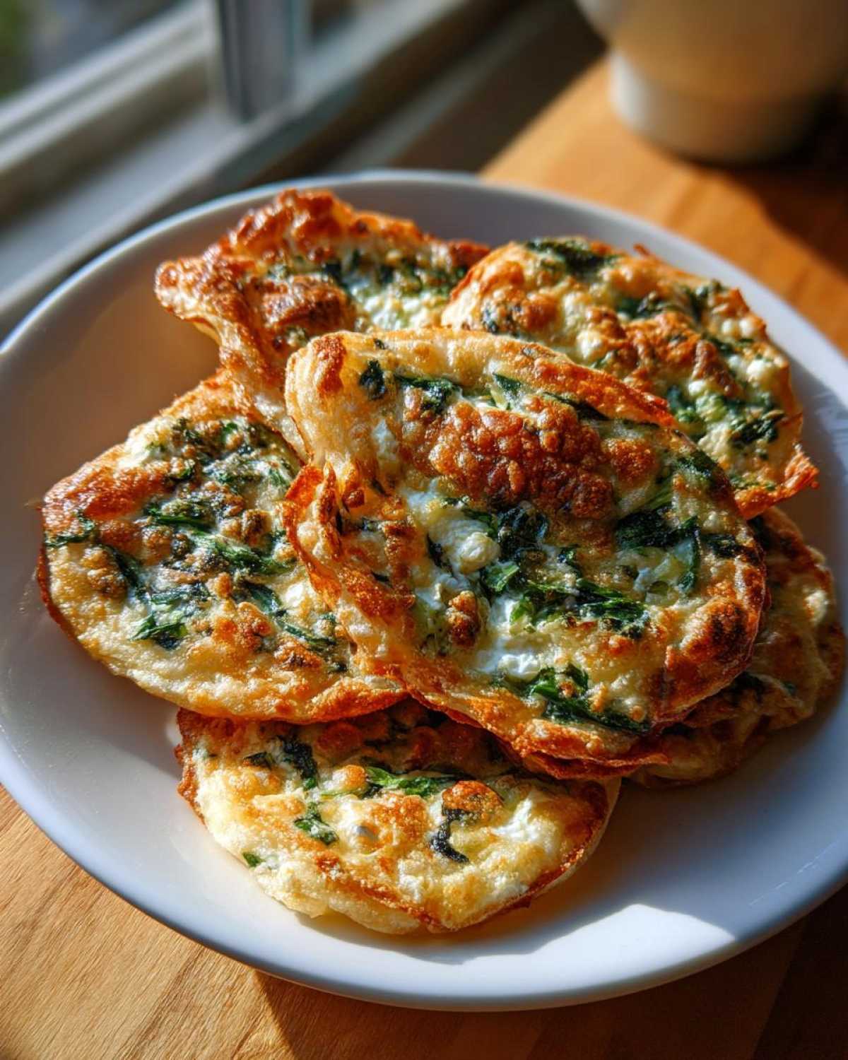 A stack of golden-brown Mediterranean Spinach and Feta Cheese Crisps on a white plate.