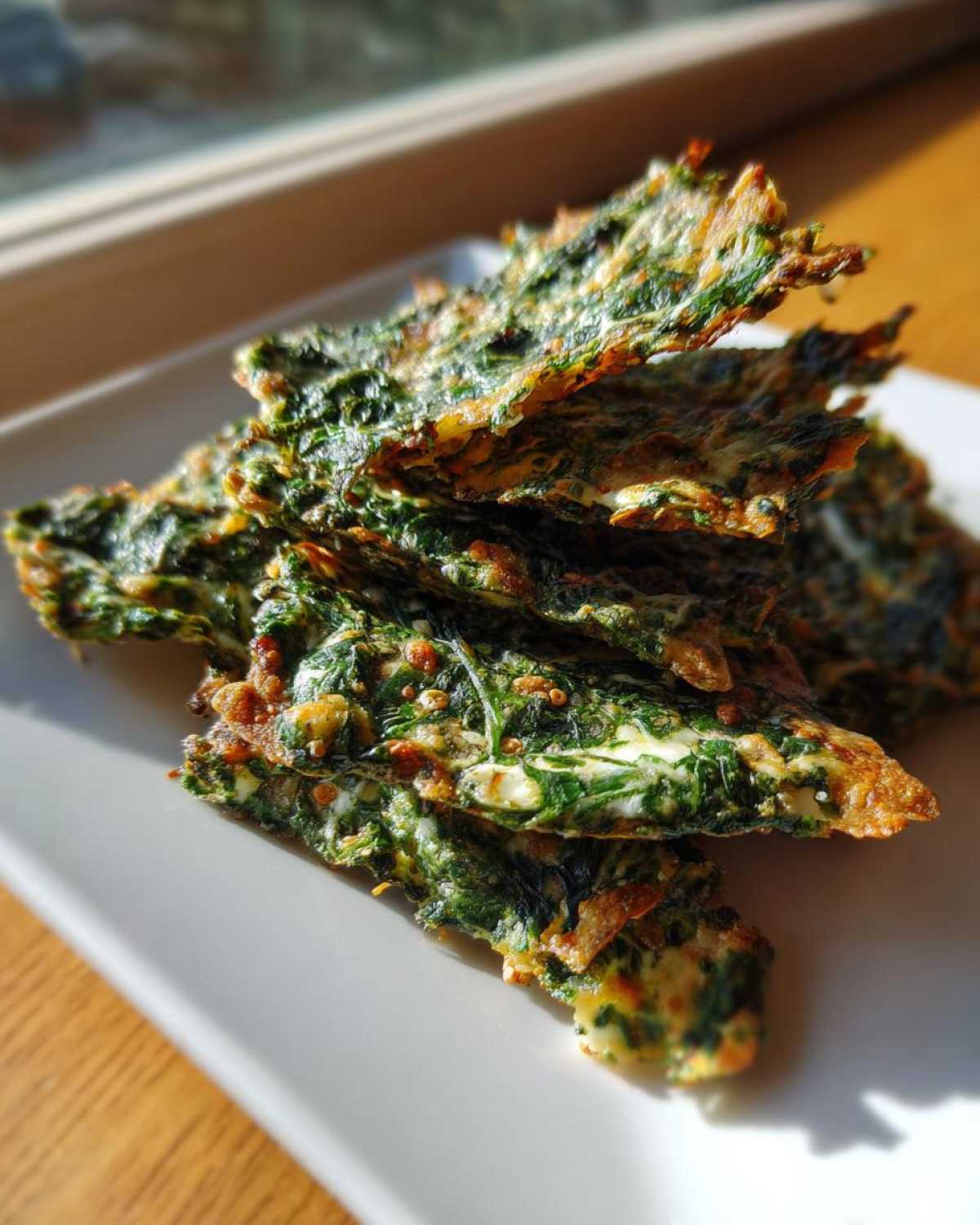A stack of crispy, baked Mediterranean Spinach and Feta Cheese Crisps on a white plate.