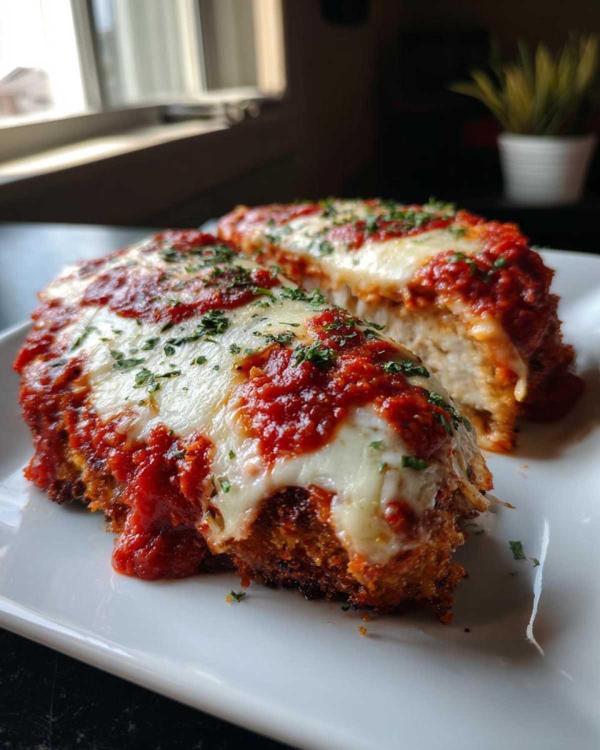 Close-up of two halves of a breaded chicken parmesan recipe cutlet topped with melted mozzarella and marinara sauce.
