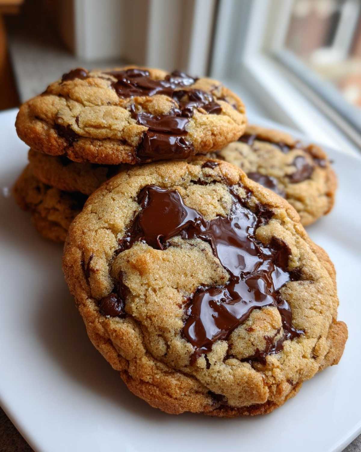 Close-up of freshly baked chocolate chip cookies with gooey, melted chocolate pools.