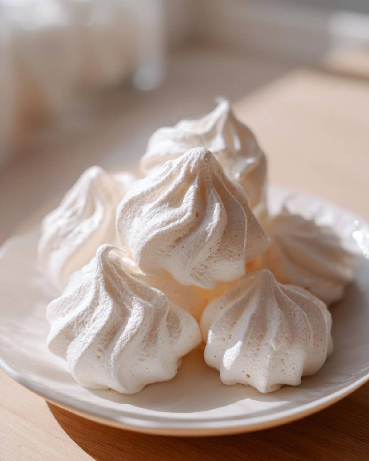 Close-up of several perfectly piped, crisp white meringue cookies stacked on a small white plate.