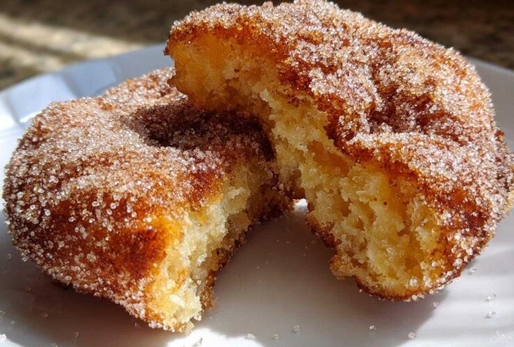 A close-up of a Mexican buñuelos pastry, broken in half to show the fluffy interior, coated heavily in cinnamon sugar.