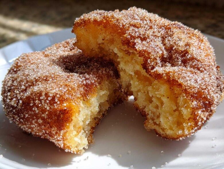 A close-up of a Mexican buñuelos pastry, broken in half to show the fluffy interior, coated heavily in cinnamon sugar.