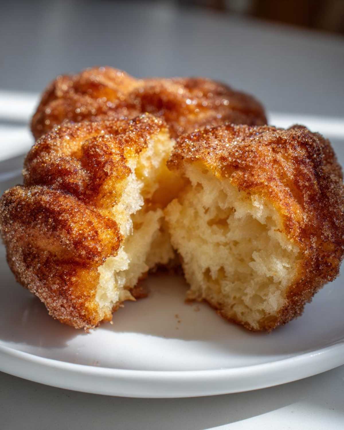 A Mexican buñuelo, broken in half to show the fluffy interior, coated in cinnamon sugar.