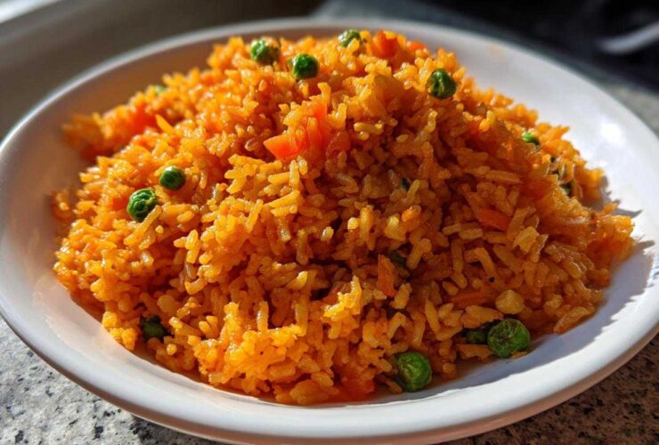 A close-up of a mound of vibrant orange Mexican rice recipe served in a white bowl, garnished with green peas.