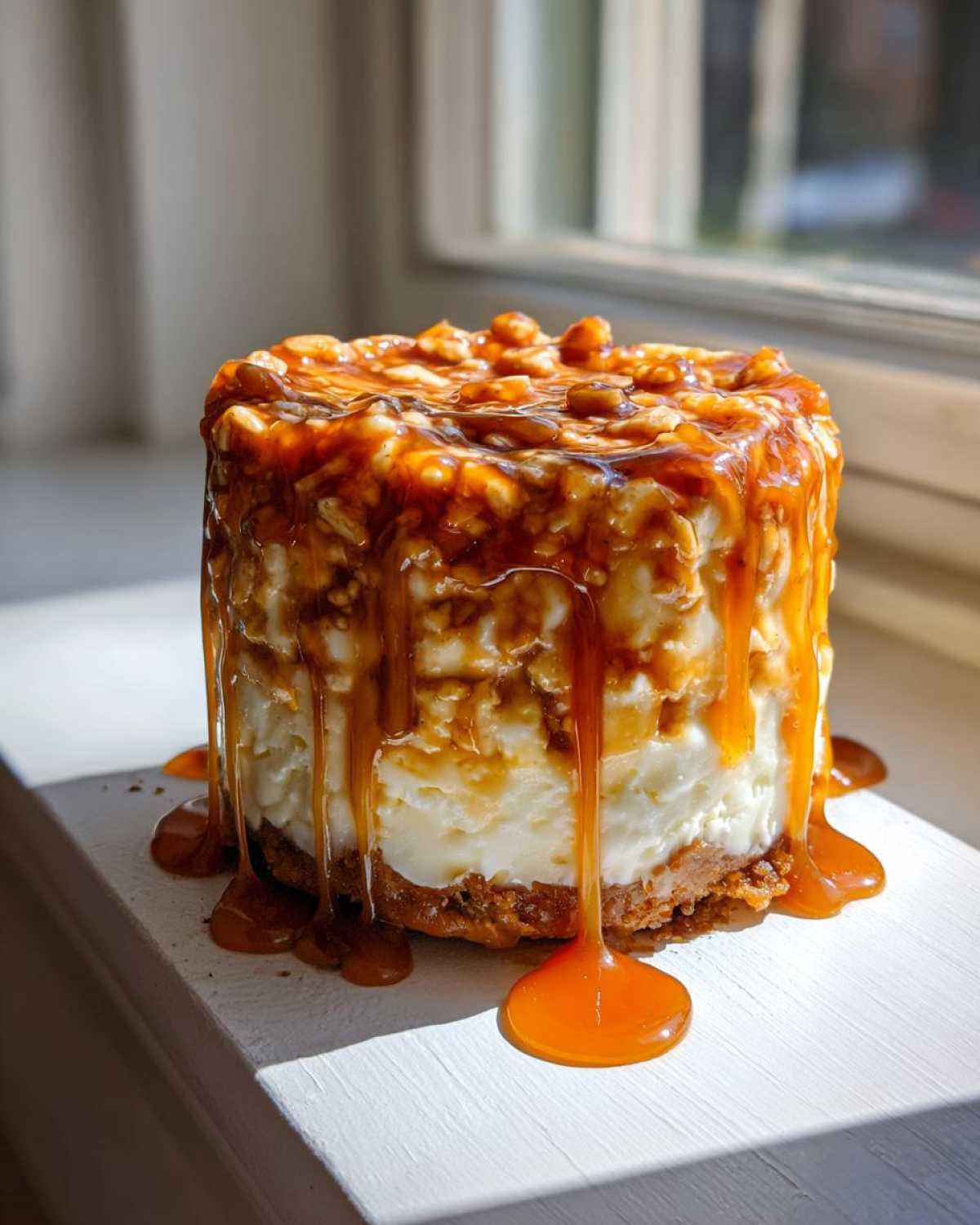 A small, individual apple pie cheesecake dripping with thick caramel sauce and topped with nuts.