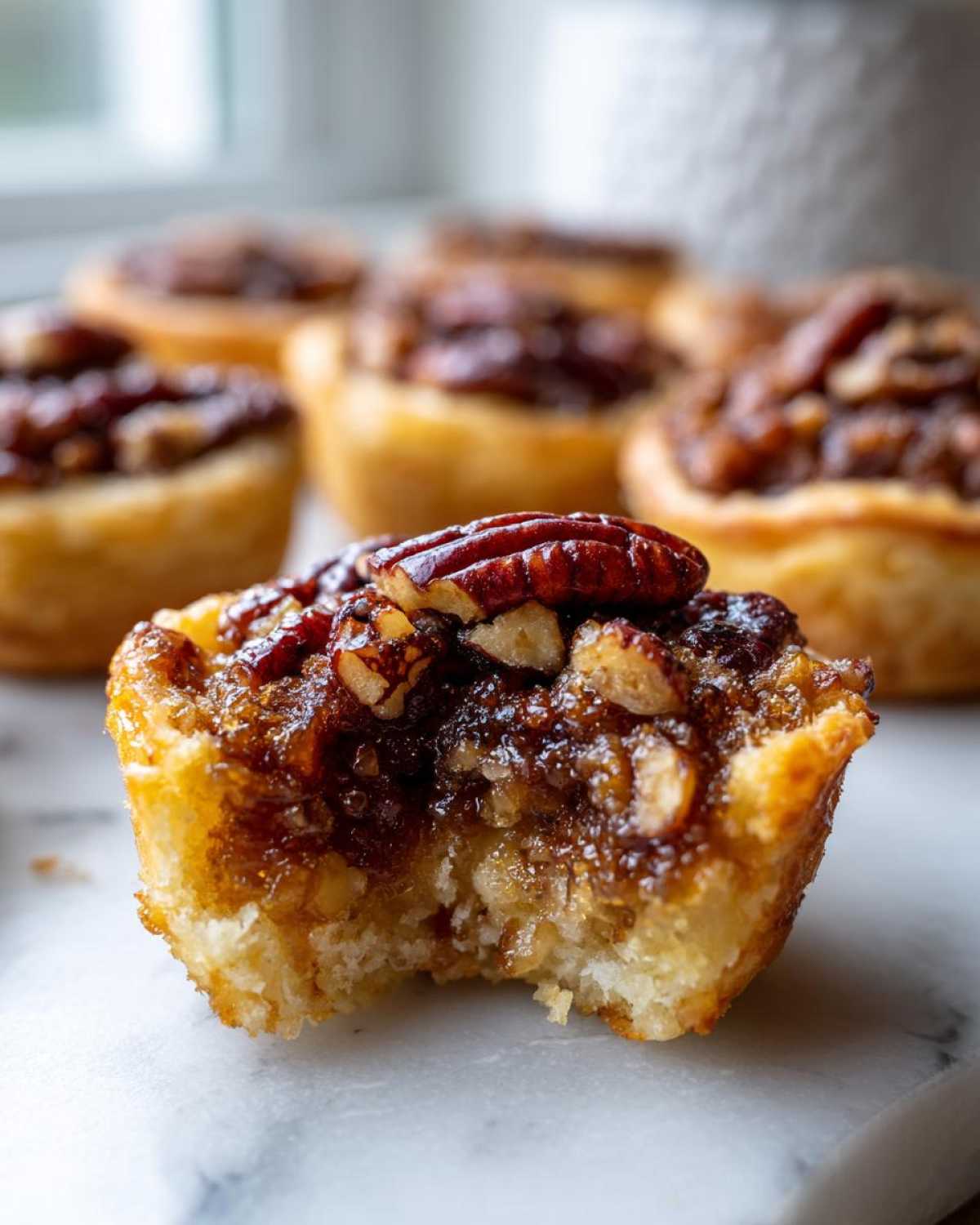 Close-up of one of the mini pecan pies with a bite taken out, showing the gooey filling and pecan topping.