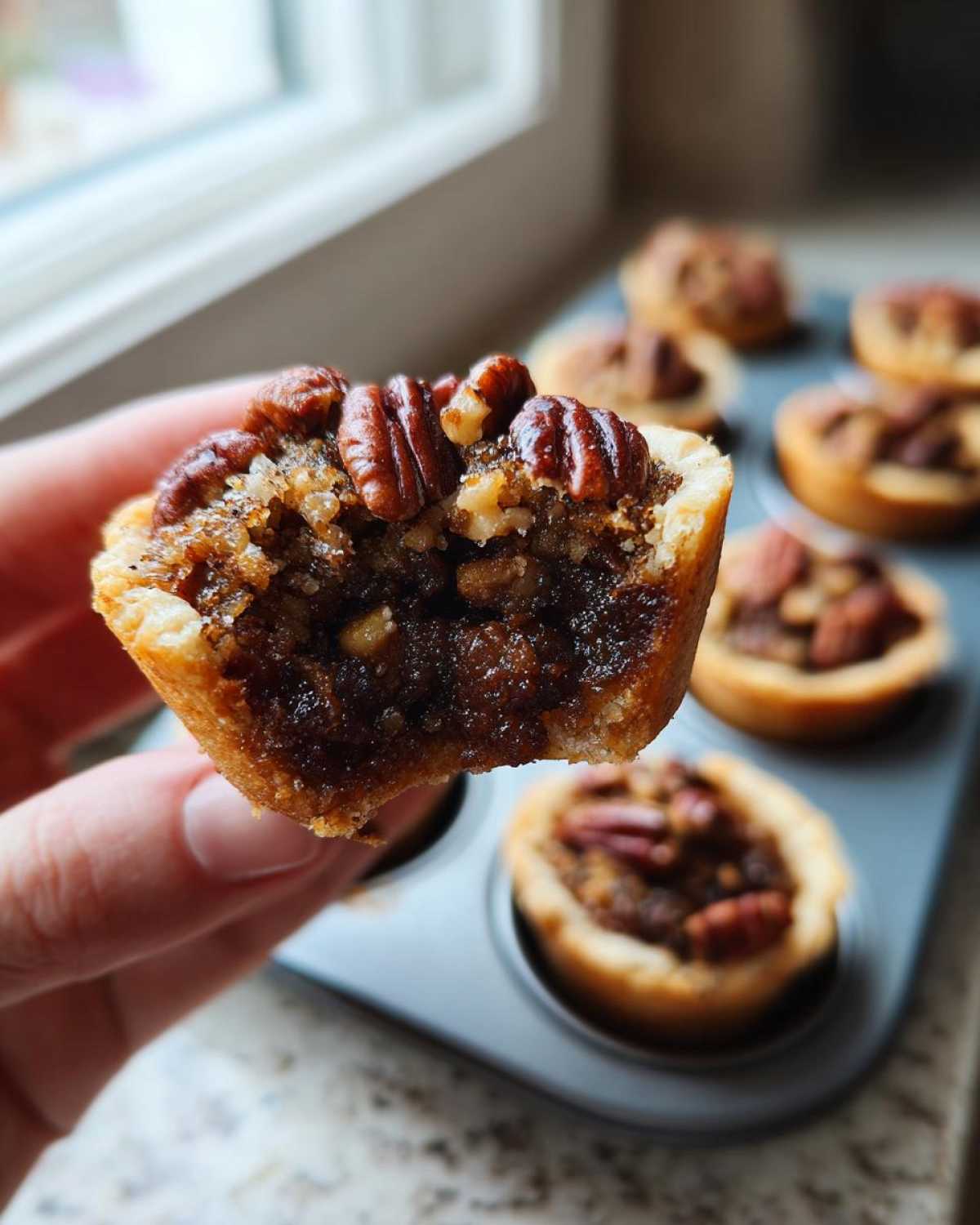 A hand holding a half-eaten mini pecan pies showing the gooey center and pecan topping.