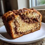 A thick slice of moist apple bread featuring a rich cinnamon swirl and visible nuts on a white plate.