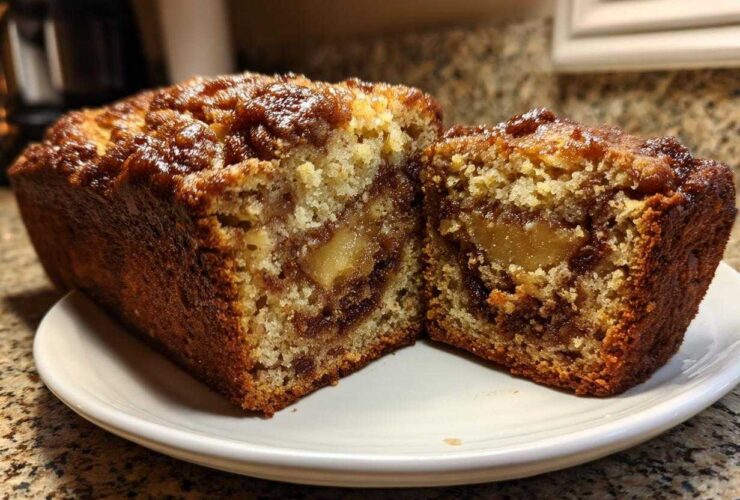 Cross-section of a moist apple bread loaf showing chunks of apple and cinnamon swirl.