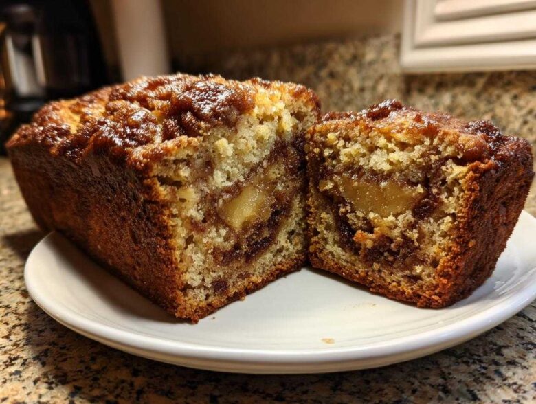 Cross-section of a moist apple bread loaf showing chunks of apple and cinnamon swirl.