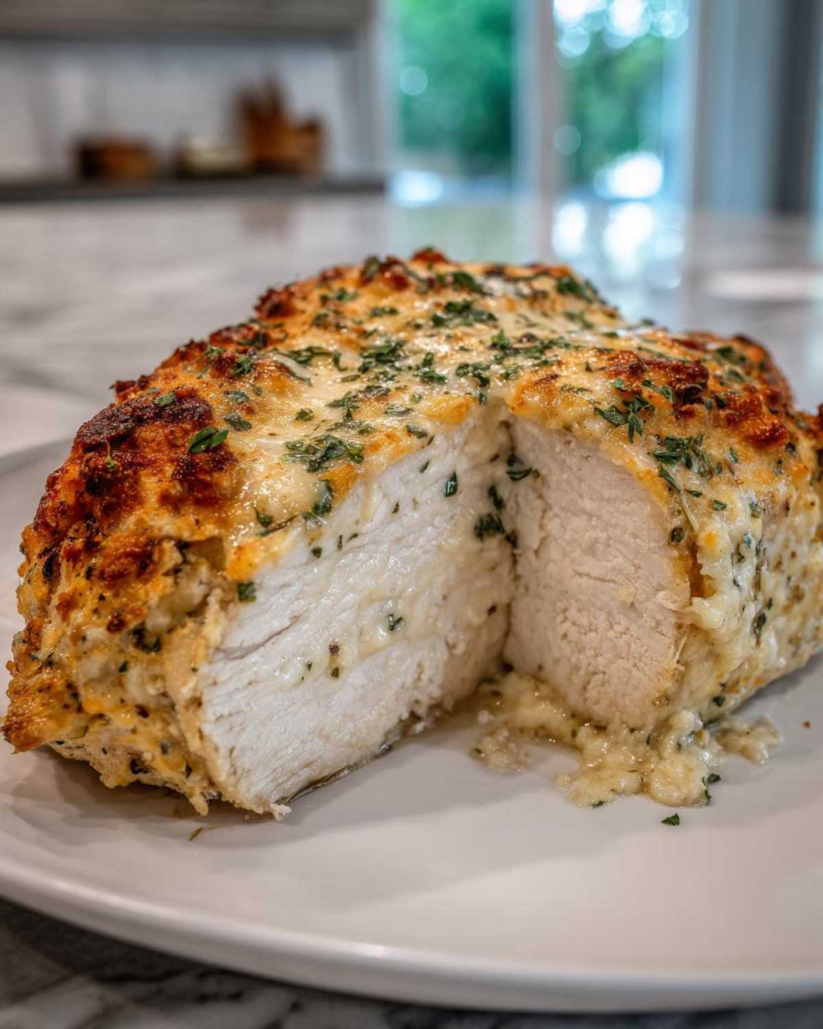 Cross-section of juicy baked ranch chicken breast topped with melted, browned cheese and parsley.