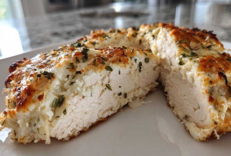 Cross-section view of juicy baked ranch chicken breast topped with melted cheese and herbs.