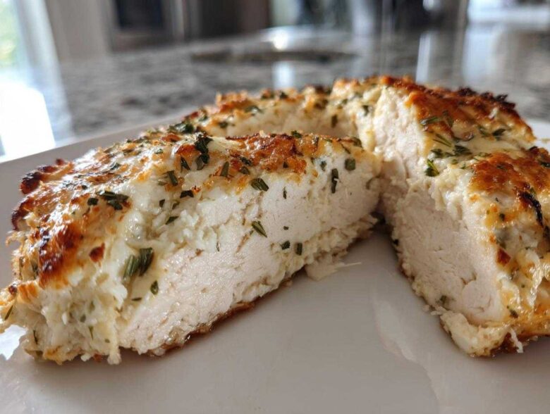 Cross-section view of juicy baked ranch chicken breast topped with melted cheese and herbs.