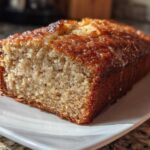 Close-up of a slice of moist banana bread with a shiny, caramelized glaze on top, served on a white plate.