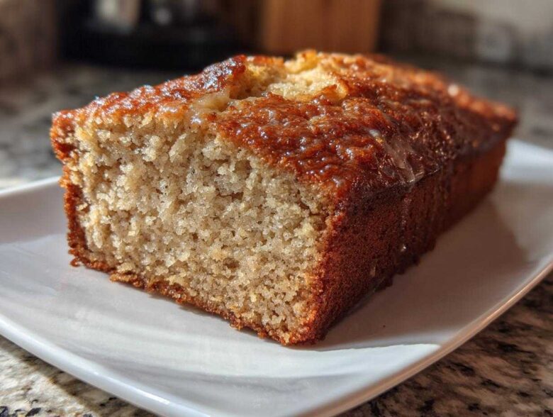 Close-up of a slice of moist banana bread with a shiny, caramelized glaze on top, served on a white plate.