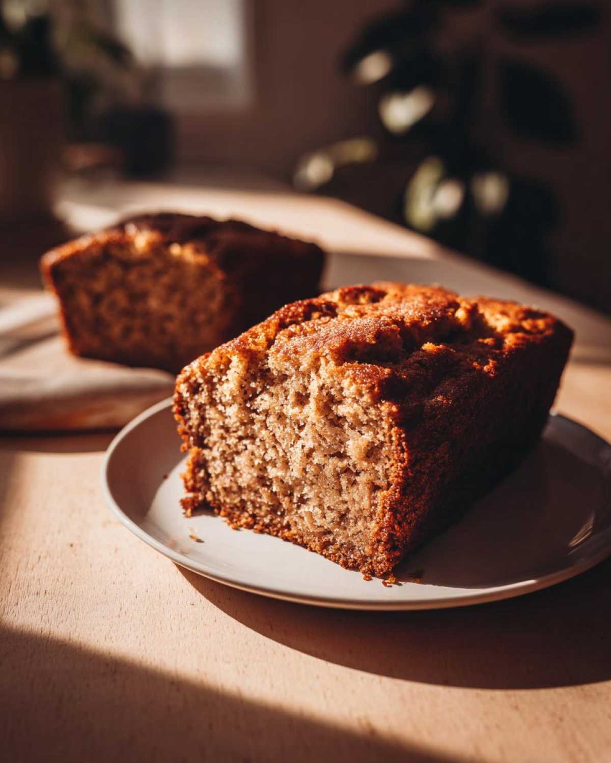Close-up of a thick, moist slice of homemade banana bread served on a small plate in warm sunlight.