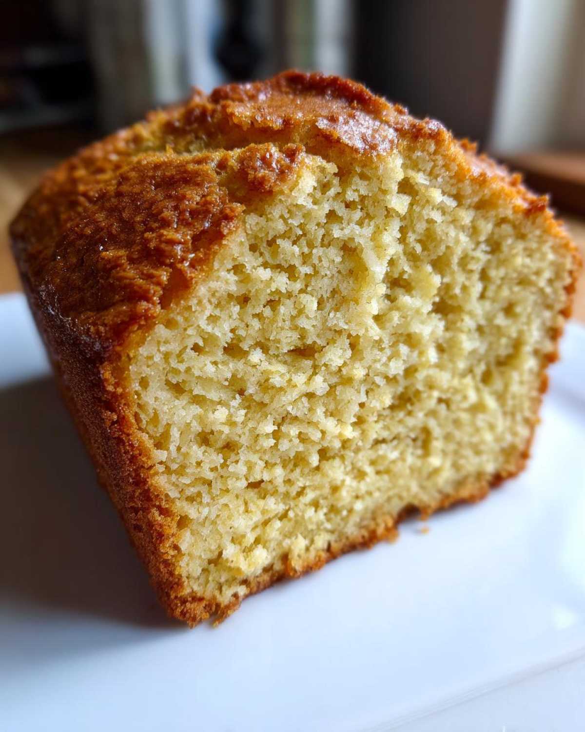 A close-up of a thick slice of golden brown beer bread showing its moist, porous crumb texture.