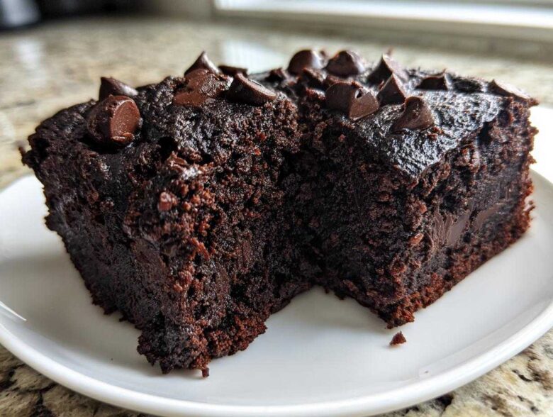 Two rich, dark slices of moist black bean brownies topped with melted chocolate chips on a white plate.
