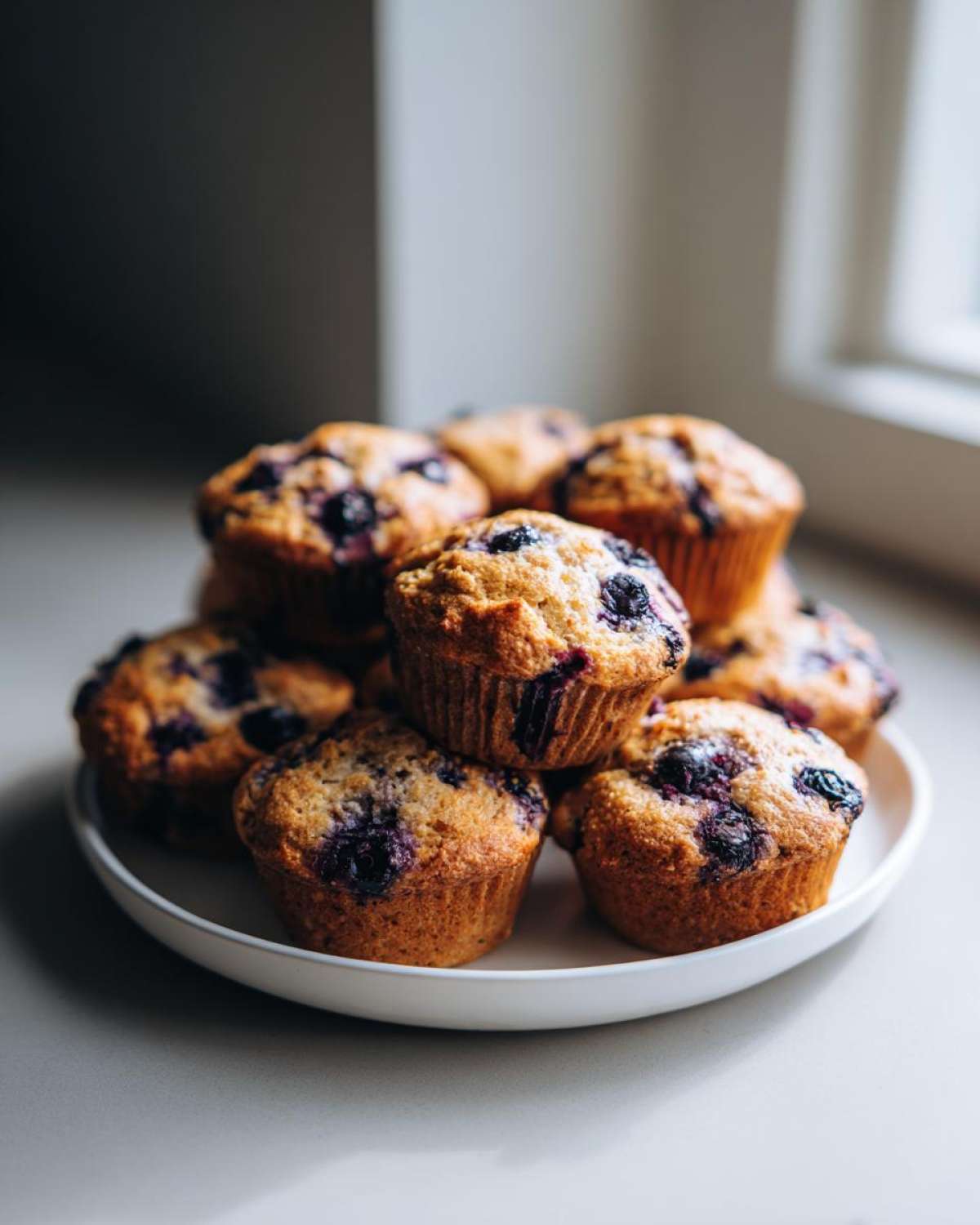 A stack of freshly baked blueberry protein muffins piled high on a white plate near a window.