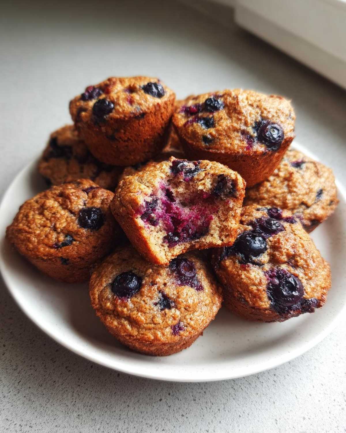 A stack of moist, golden-brown blueberry protein muffins on a white plate, one broken open showing the berry interior.