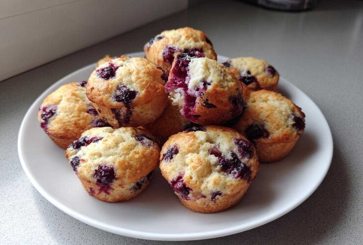 A pile of golden-brown blueberry protein muffins, one broken open to show the moist interior, served on a white plate.