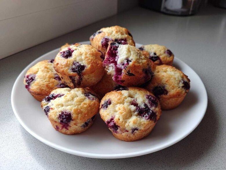 A pile of golden-brown blueberry protein muffins, one broken open to show the moist interior, served on a white plate.