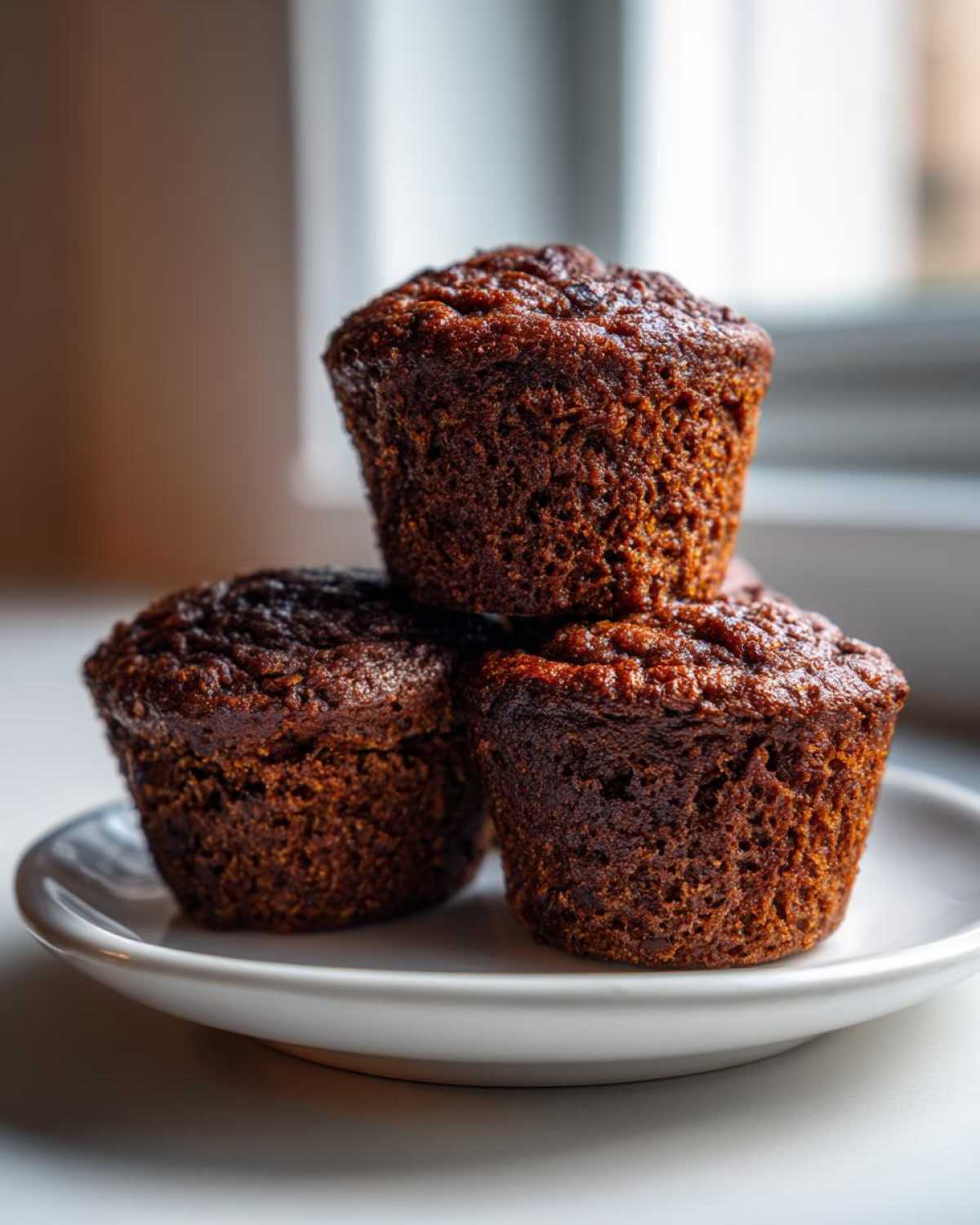 Three dark brown, moist bran muffins stacked on a small white plate, ready to eat.