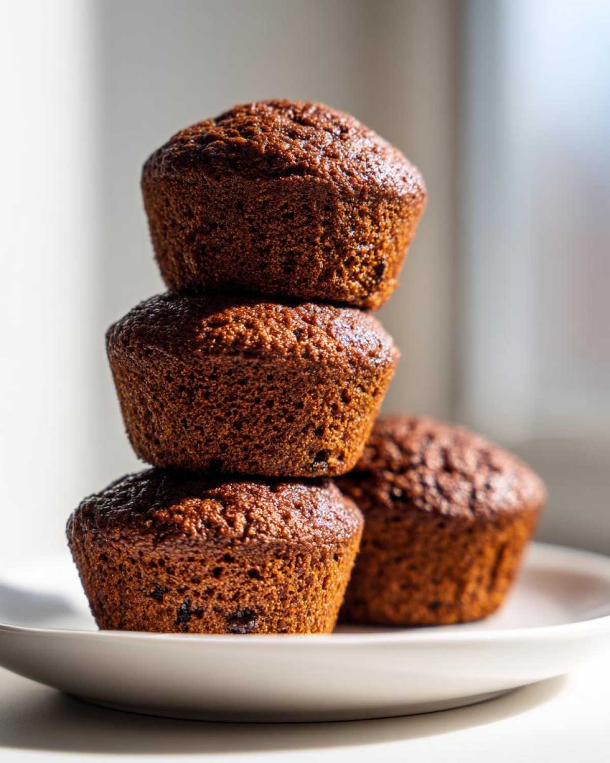 Three dark, moist bran muffins stacked vertically on a white plate, with another muffin visible in the background.