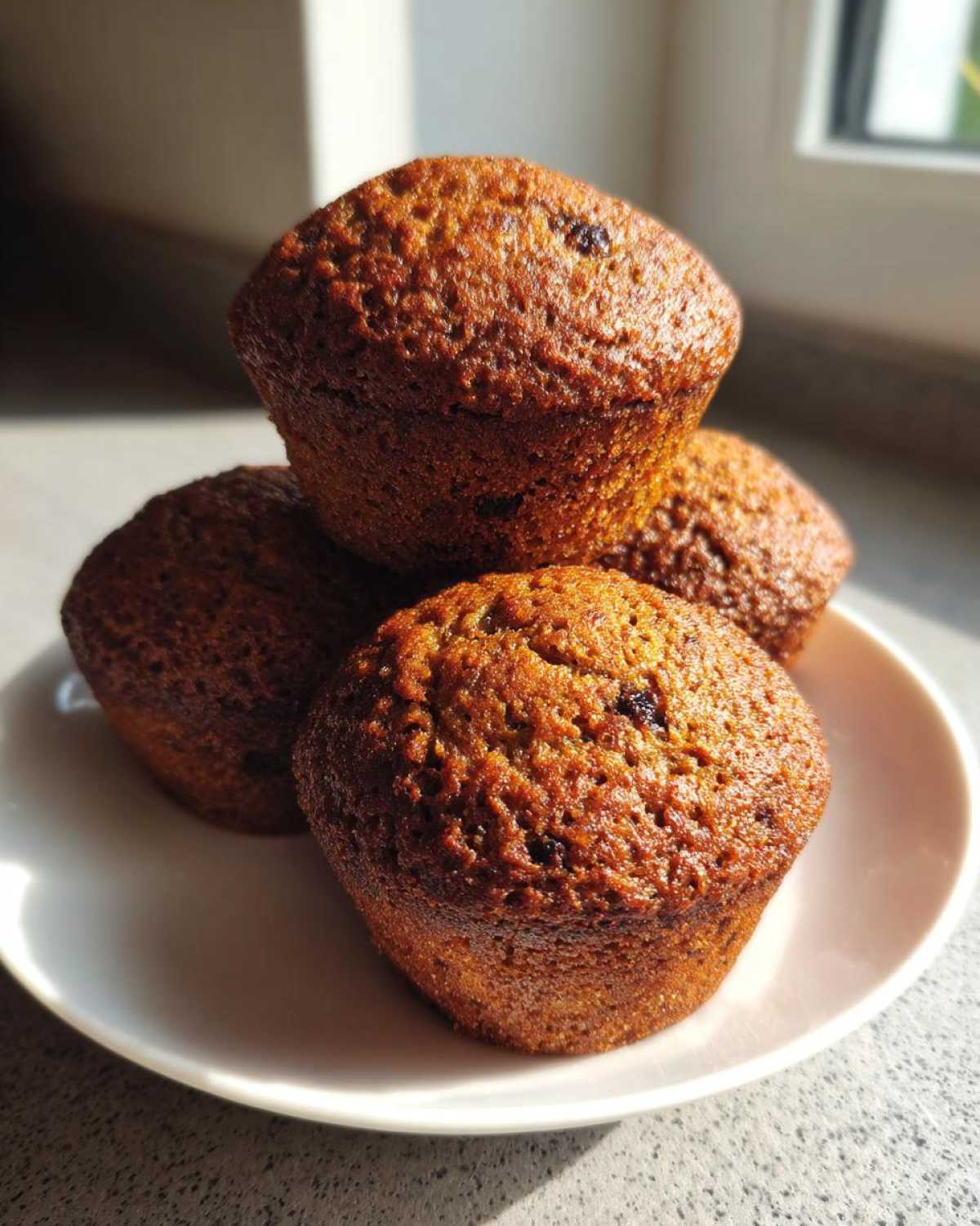 Four perfectly baked, dark golden brown bran muffins stacked slightly on a white plate in natural light.