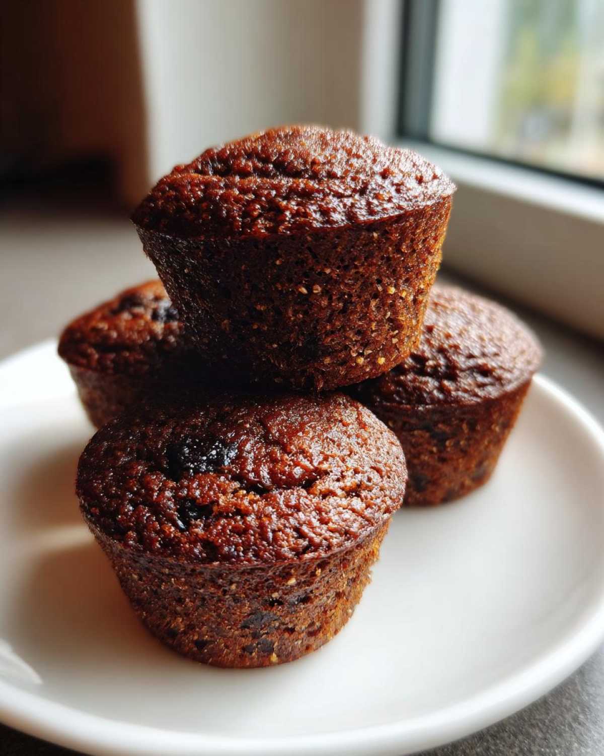 A stack of four dark, moist bran muffins resting on a white plate near a window.
