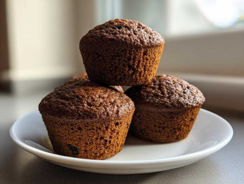 Three dark brown, moist bran muffins stacked on a small white plate, backlit by a window.