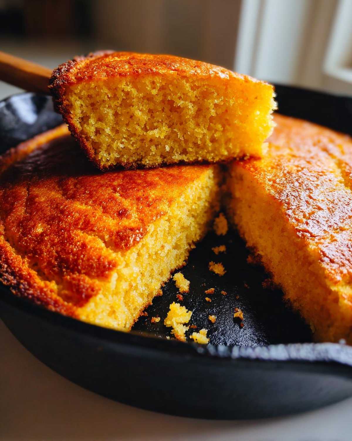 Close-up of a fluffy slice of buttermilk cornbread being lifted from a dark cast-iron skillet.