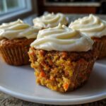 Close-up of four carrot cake muffins with thick cream cheese frosting, one muffin is broken open showing shredded carrots.