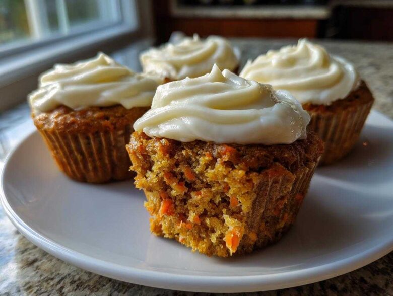 Close-up of four carrot cake muffins with thick cream cheese frosting, one muffin is broken open showing shredded carrots.
