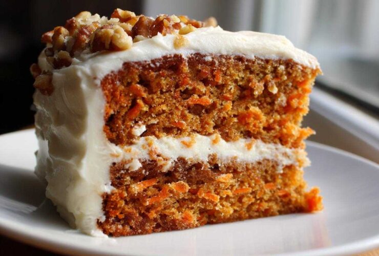 Close-up of a moist, two-layer carrot cake recipe slice with thick cream cheese frosting and chopped walnuts.
