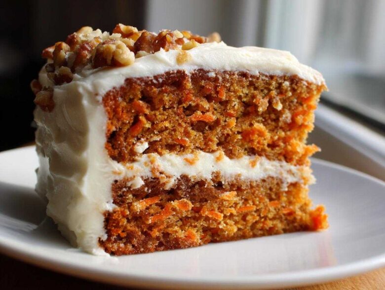 Close-up of a moist, two-layer carrot cake recipe slice with thick cream cheese frosting and chopped walnuts.