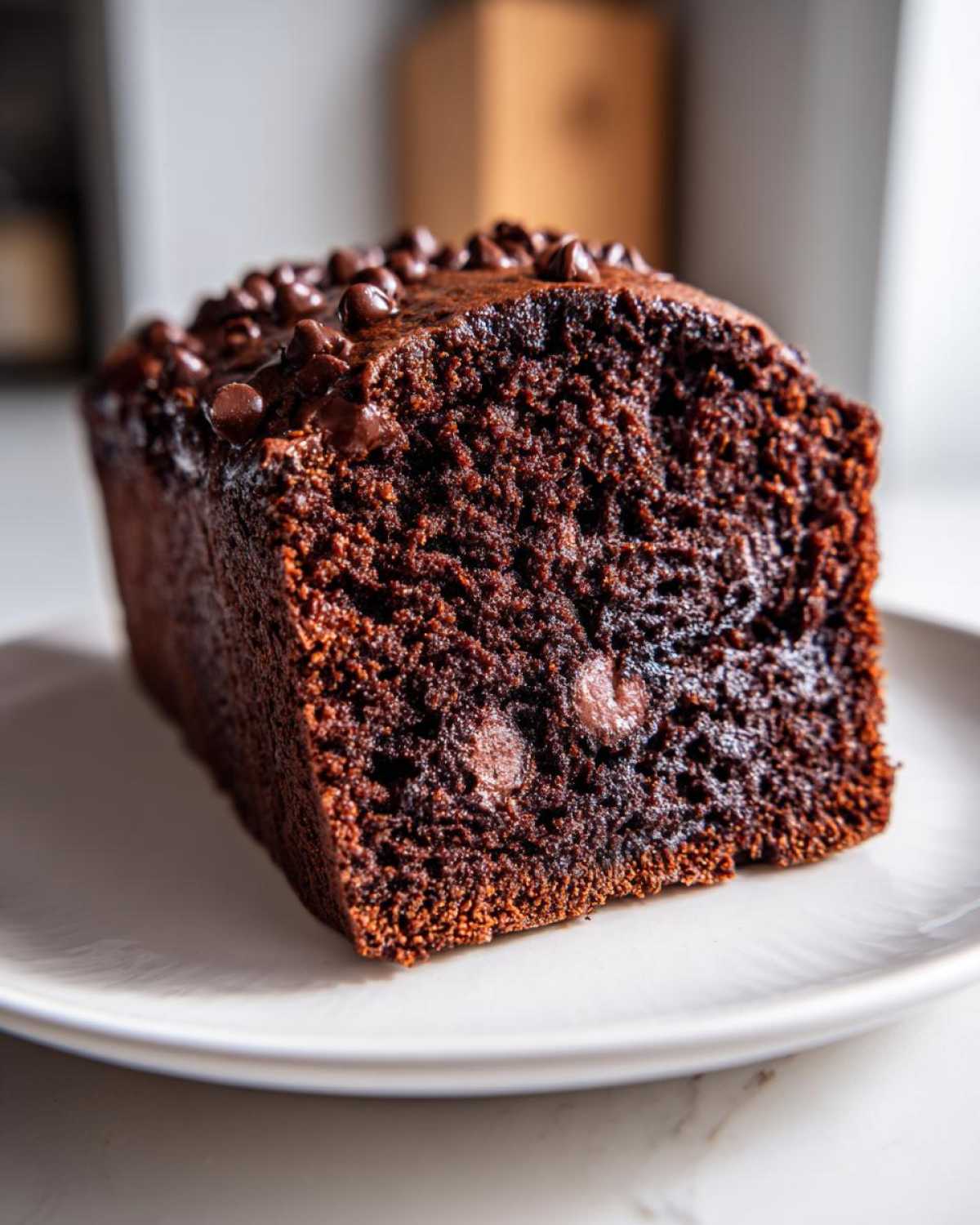 A close-up of a moist slice of dark chocolate banana bread topped with chocolate chips, sitting on a white plate.