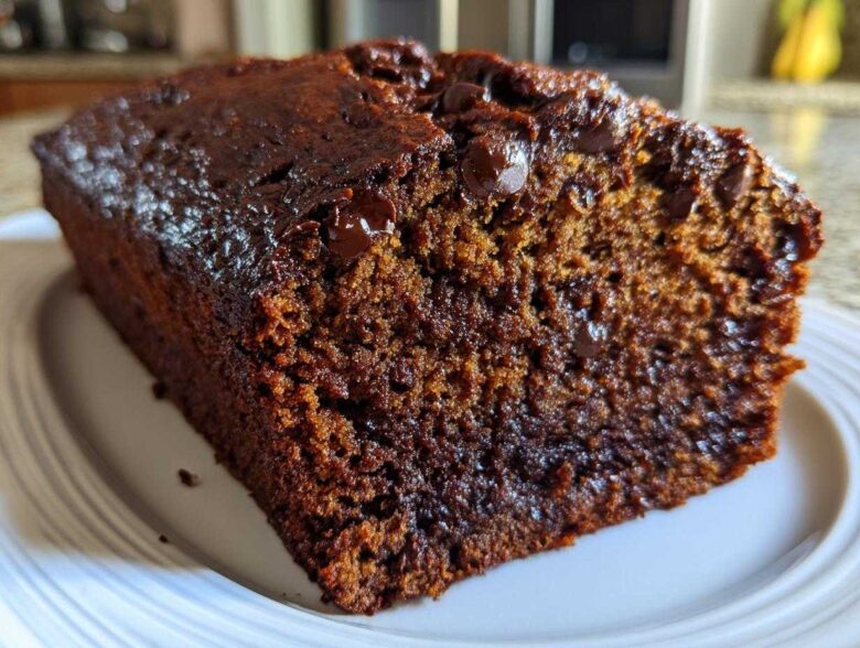 Close-up of a moist slice of rich, dark chocolate banana bread studded with melted chocolate chips.