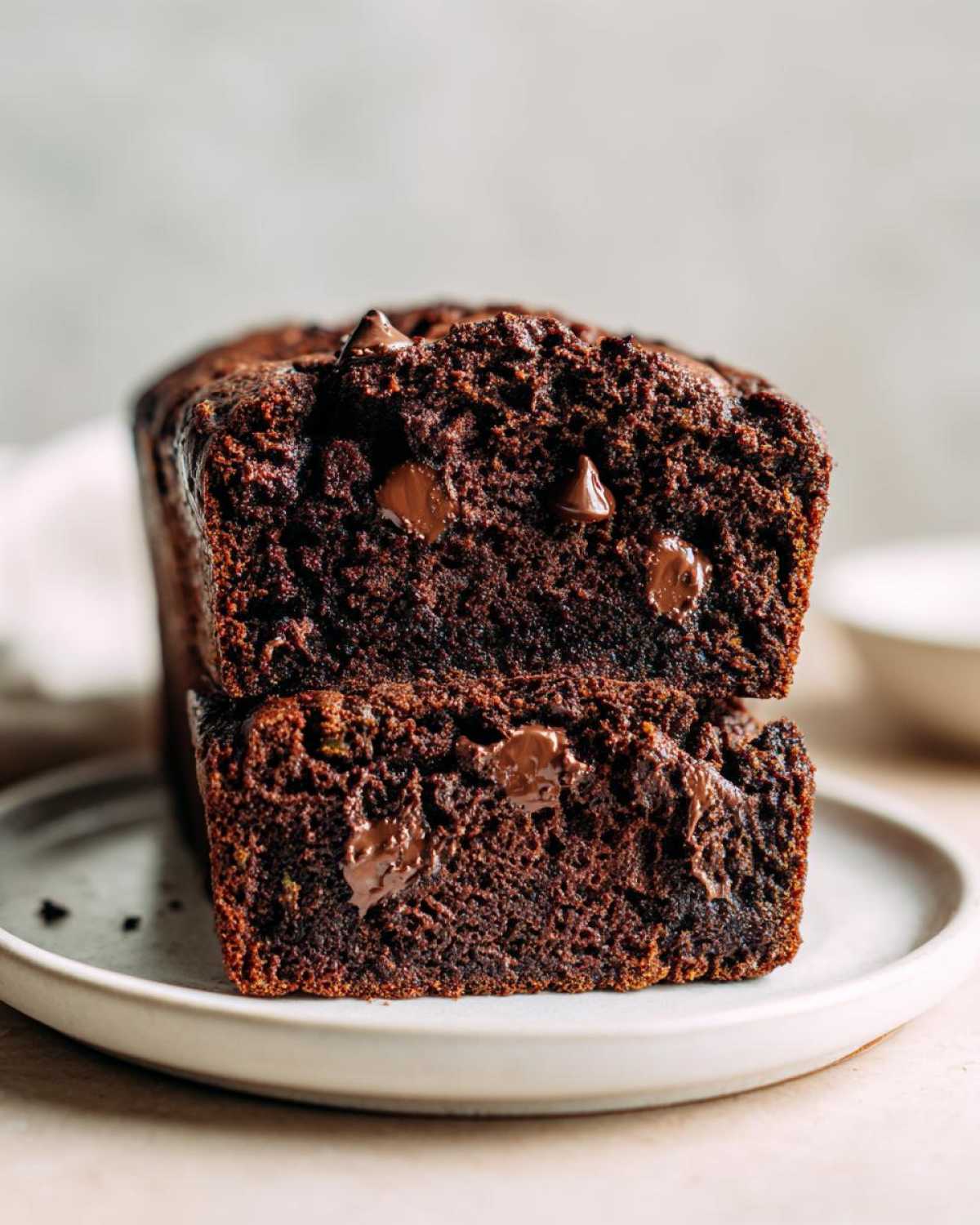 Two stacked slices of moist chocolate banana bread, rich brown with visible melted chocolate chips throughout.