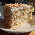 A generous slice of moist coconut cake with white frosting and toasted coconut flakes on a cream plate.