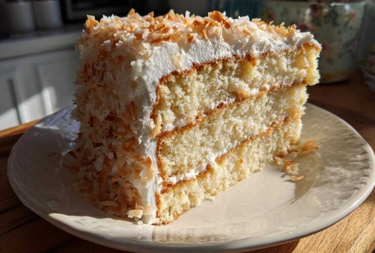 A generous slice of moist coconut cake with white frosting and toasted coconut flakes on a cream plate.