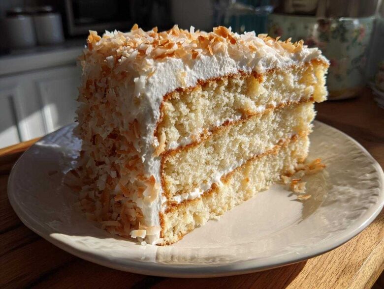 A generous slice of moist coconut cake with white frosting and toasted coconut flakes on a cream plate.