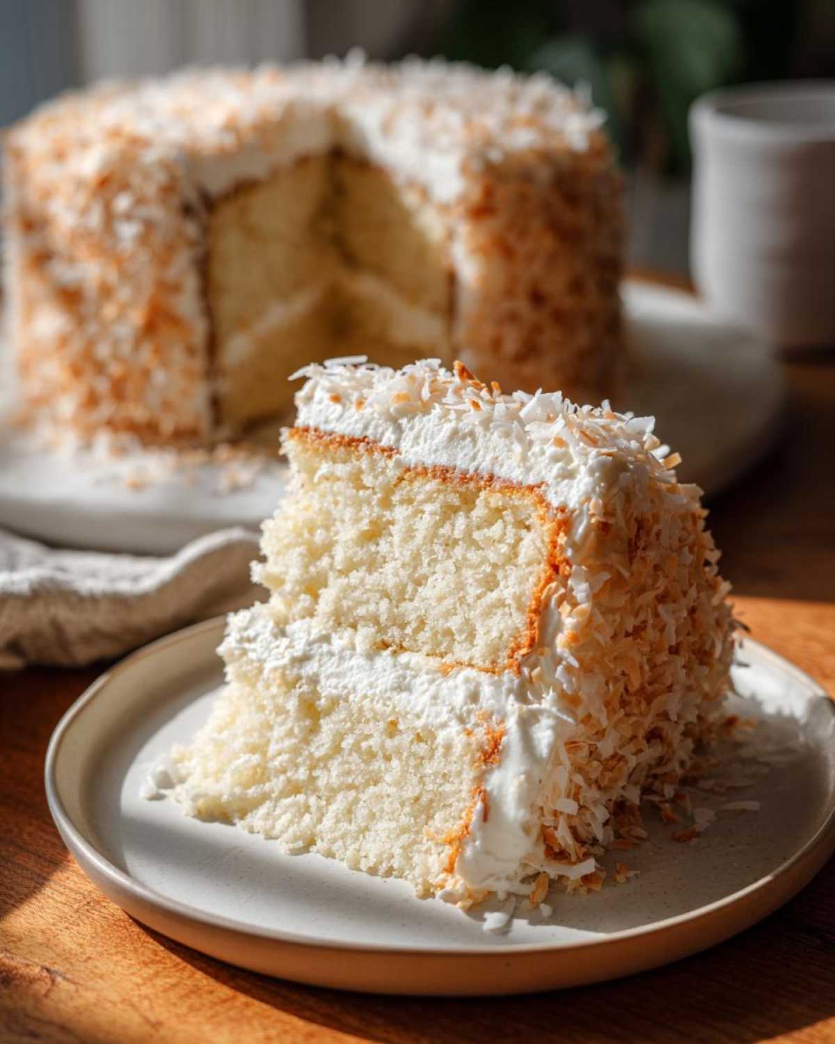 A generous slice of moist coconut cake with white frosting and toasted coconut flakes sits on a plate.