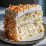 Close-up of a moist slice of layered coconut cake, covered in white frosting and toasted coconut flakes.