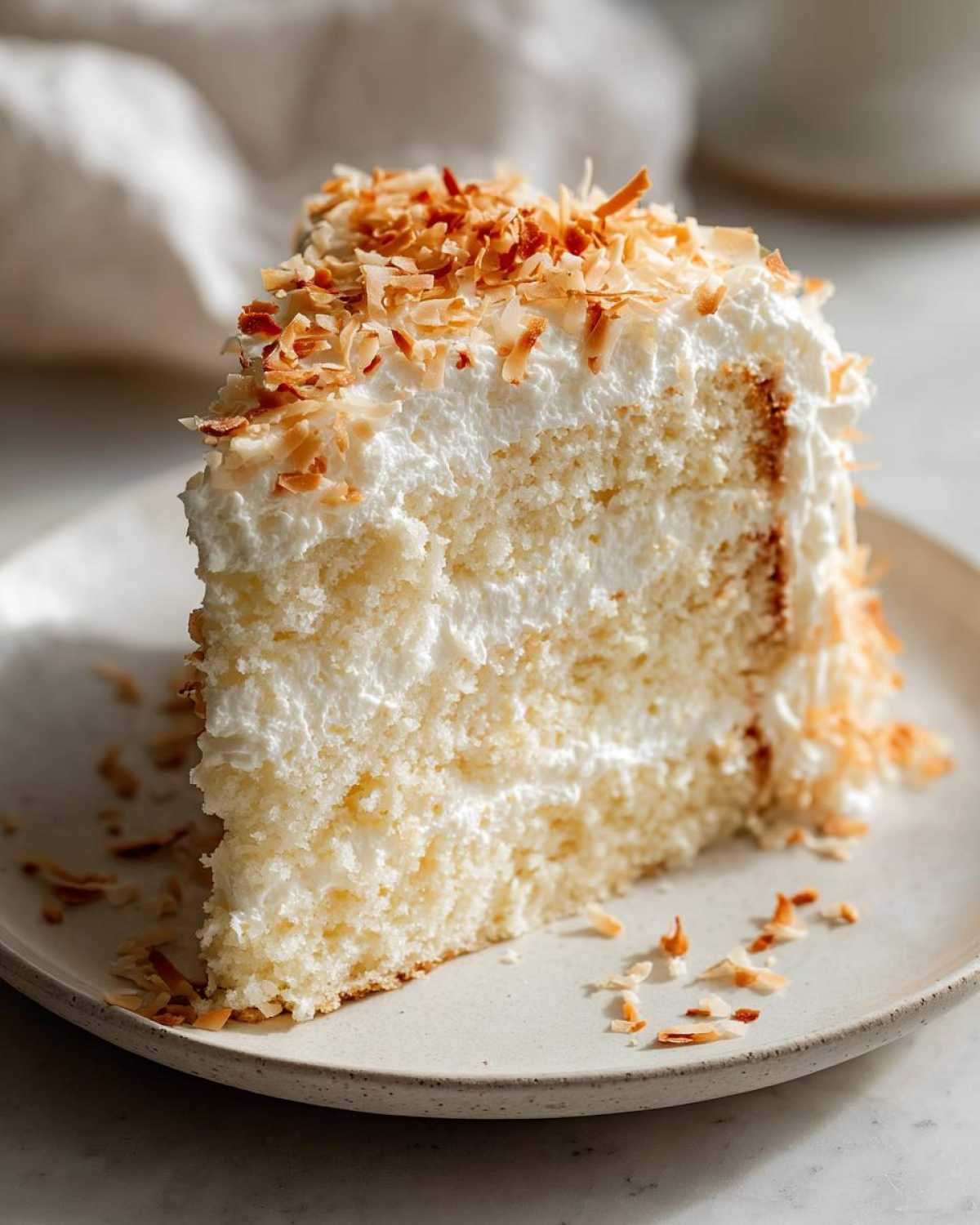 A close-up of a moist coconut cake slice layered with white frosting and topped with toasted coconut flakes.