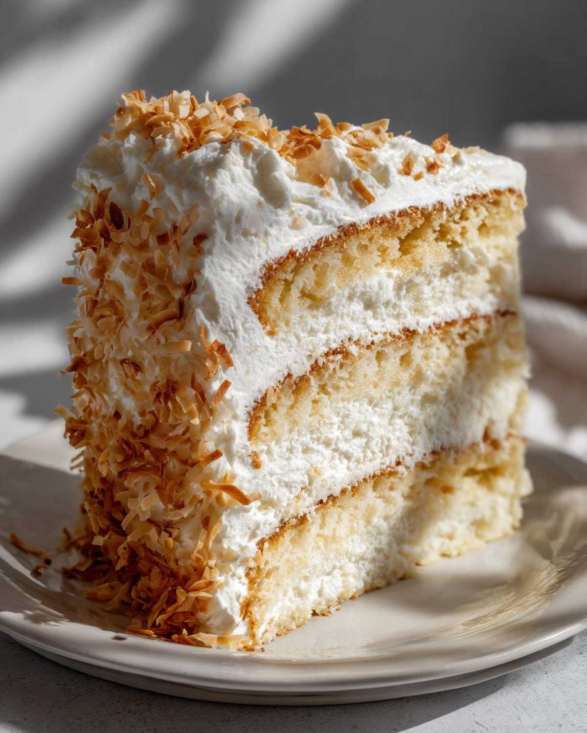 A tall slice of moist coconut cake layered with white frosting and covered in toasted coconut flakes.