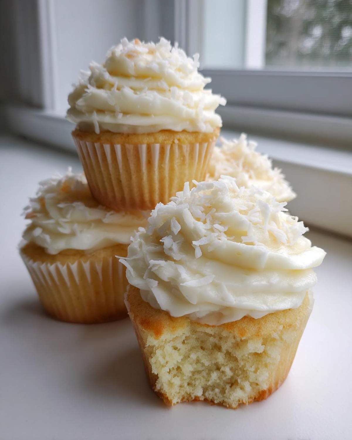 Close-up of moist coconut cupcakes topped with white frosting and shredded coconut, one has a bite taken out.