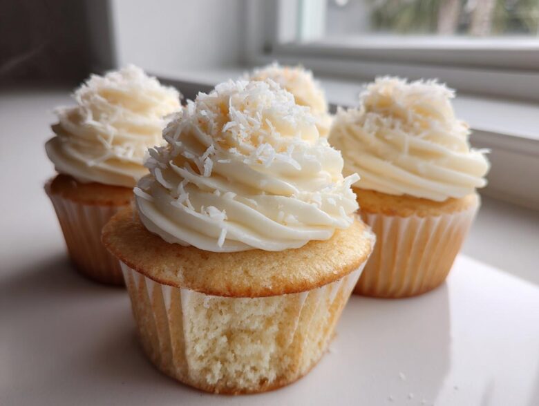 Close-up of several moist coconut cupcakes topped with white frosting and shredded coconut.